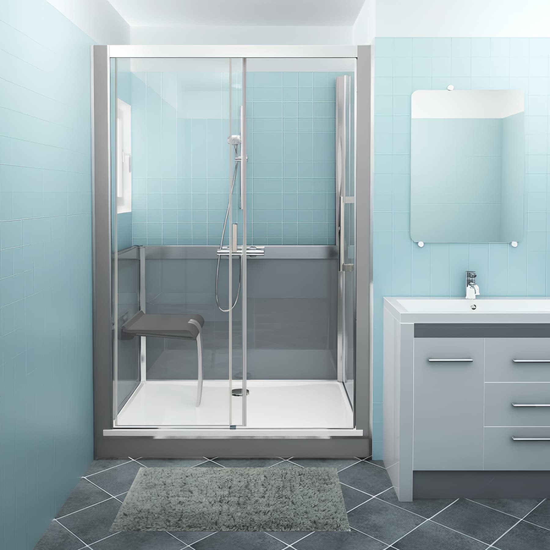 Cabine de douche version basse en niche longueur 166 cm largeur 67,7cm anthracite verre clair déperlant
