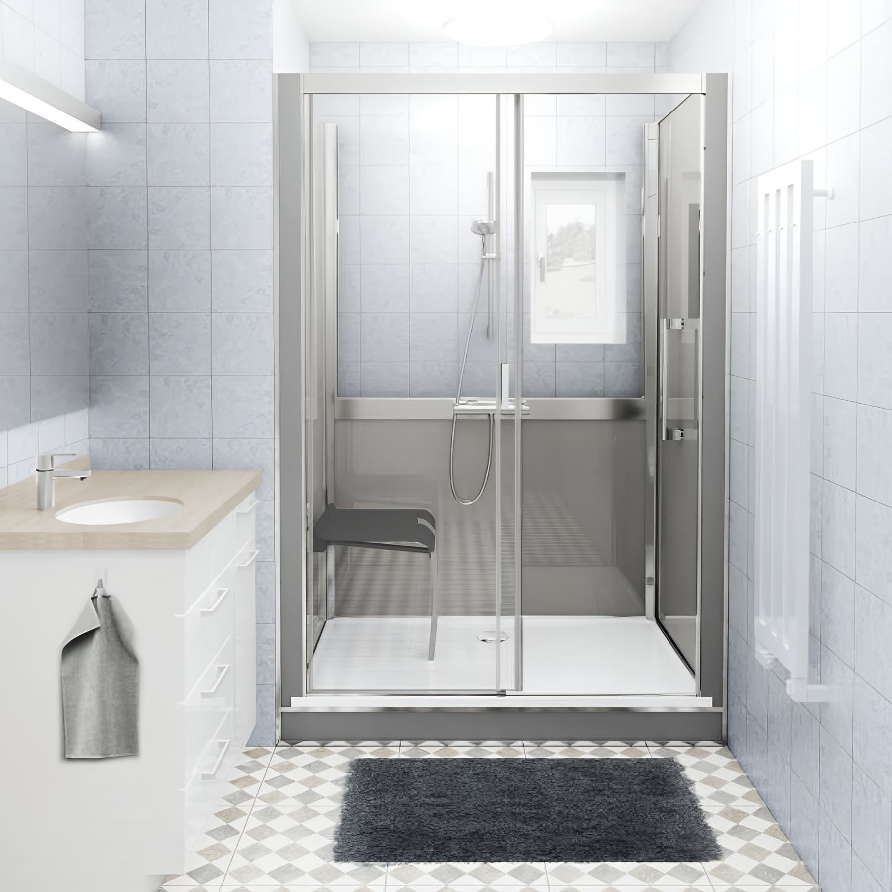 Cabine de douche version mixte en niche longueur 156 cm largeur 67,7cm anthracite verre clair déperlant