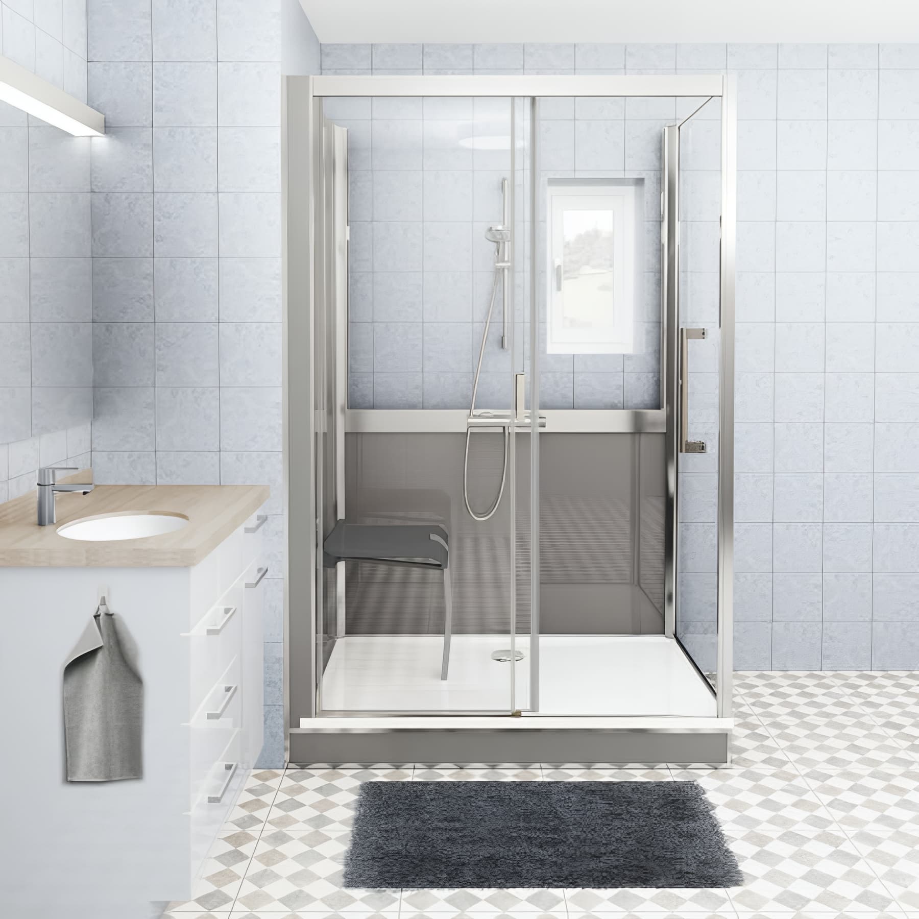 Cabine de douche version mixte en angle longueur 166 cm largeur 67,7cm anthracite verre clair déperlant