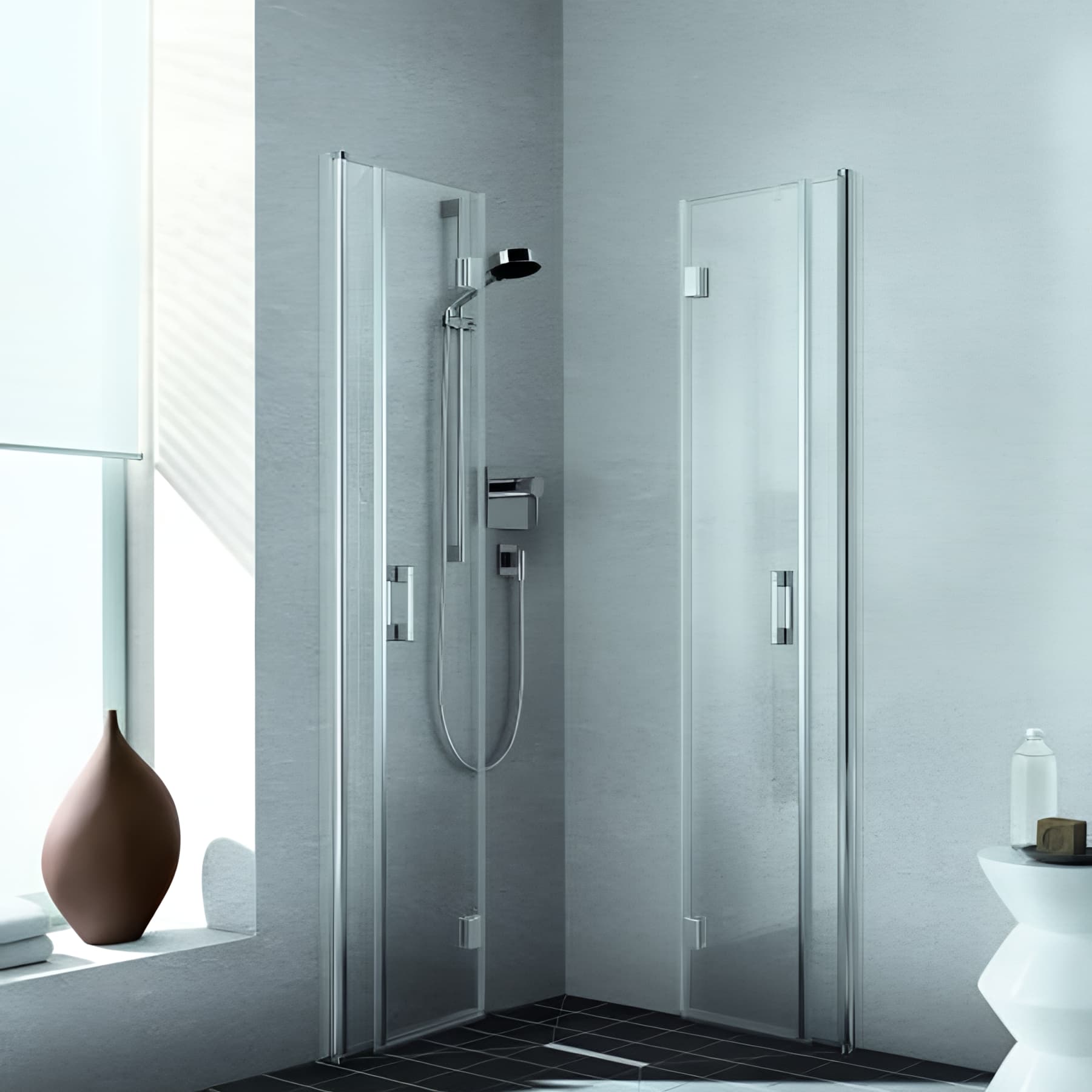 Demi paroi de douche angle pivotante largeur 113 cm hauteur 200 cm argent finition mat verre clair clean