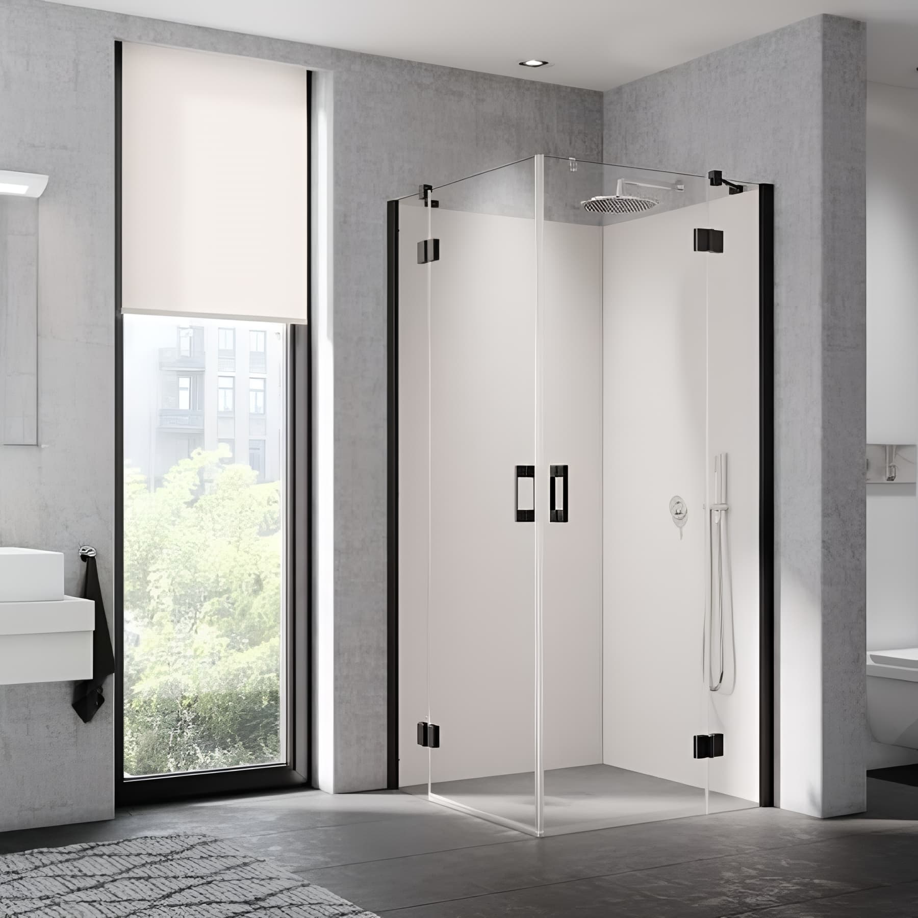 Demi paroi de douche angle pivotante largeur 123 cm hauteur 200 cm profilé noir soft verre clair clean