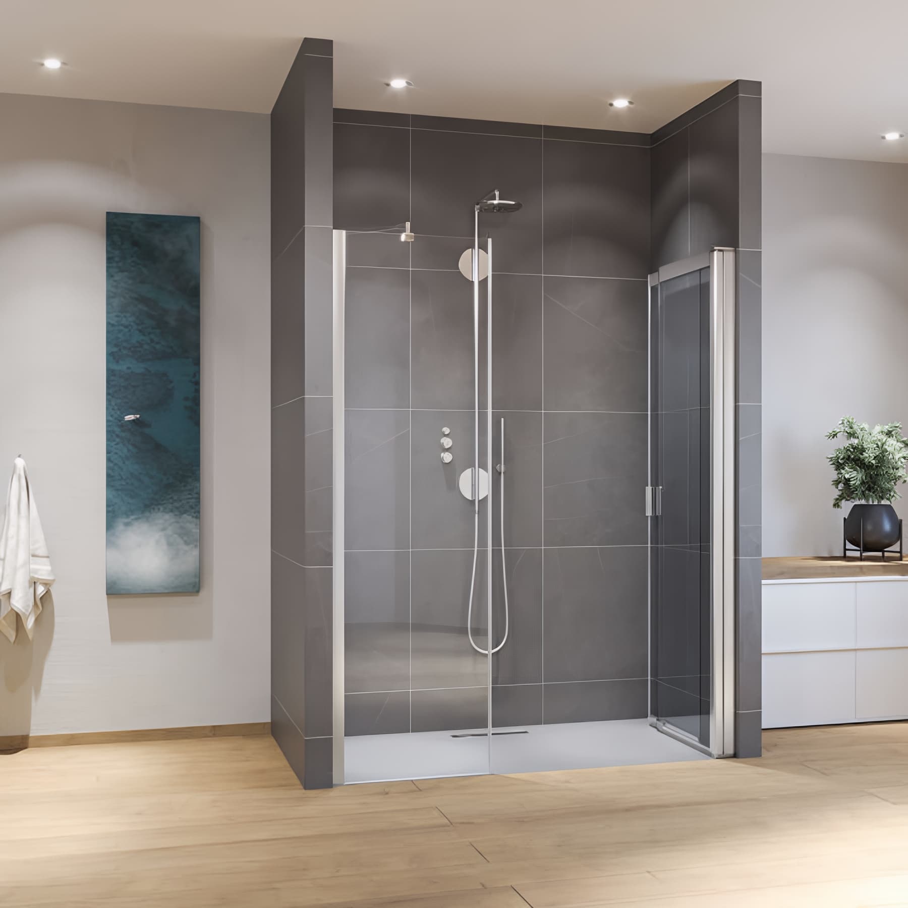 Paroi de douche fixe en prolongement largeur 20cm hauteur 200 cm profilé argent poli verre clair clean