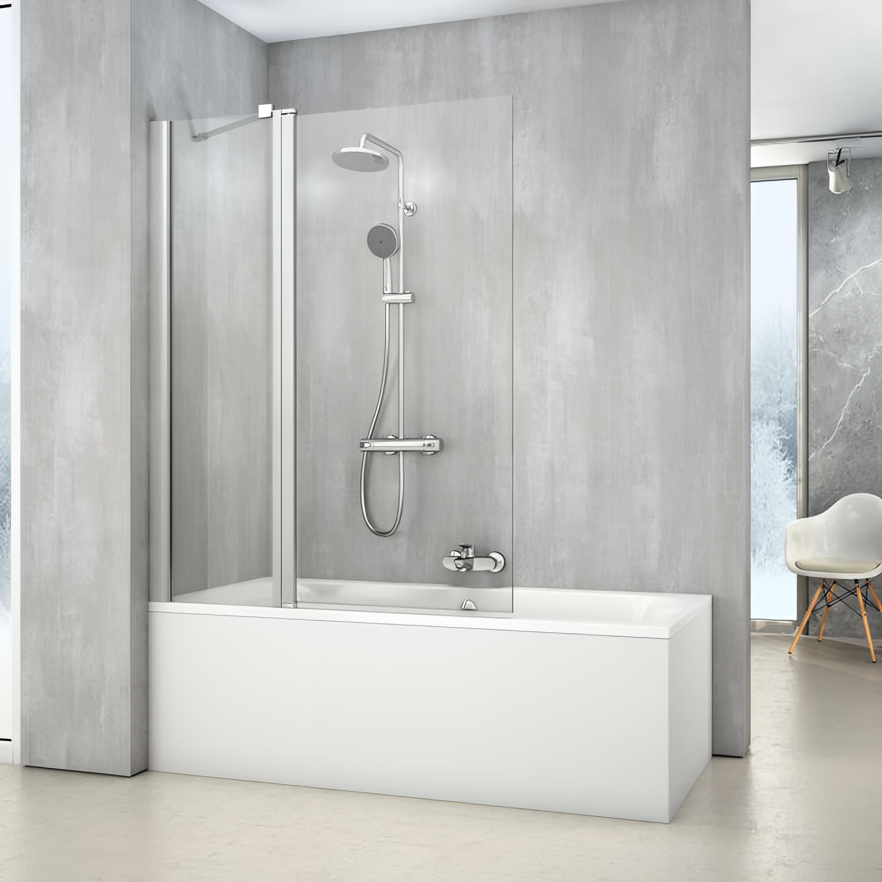 Pare bain largeur 100 cm hauteur 150 cm profilé argent poli verre clair clean