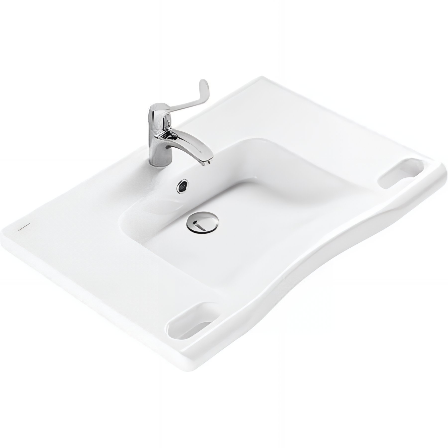 Lavabo PMR normes handicapé SANINDUSA grande largeur 76cm New WC Care avec poignées blanc (fixation pneumatique en option)