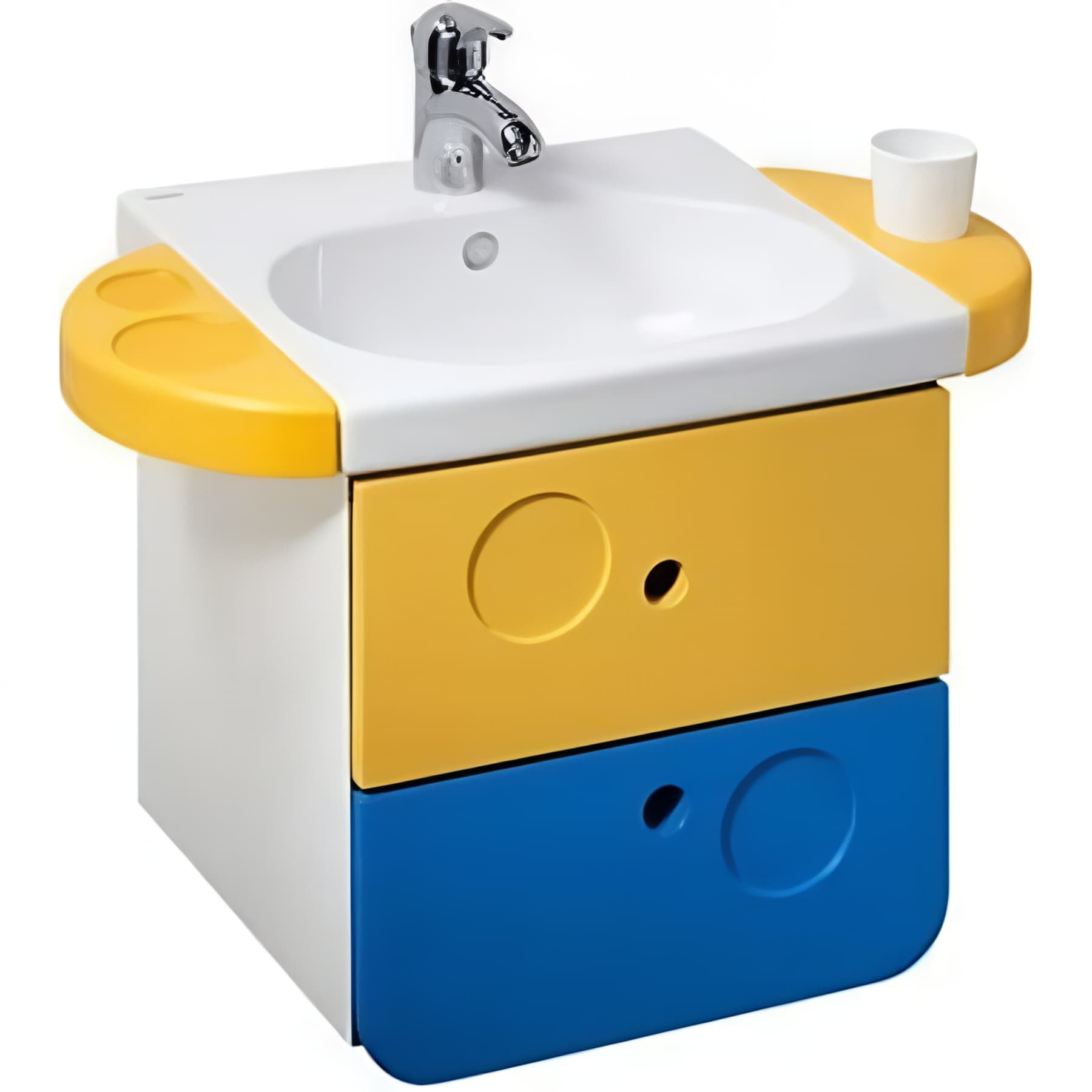 Meuble salle de bains suspendu avec tiroirs WC kids sanitaires pour enfant couleur bleu/jaune