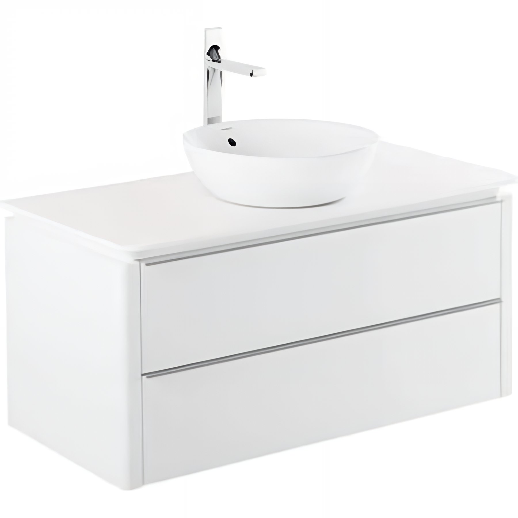 Meuble salle de bains suspendu 100 SANINDUSA plan perce vidage et mitigeur Sanlife couleur blanc