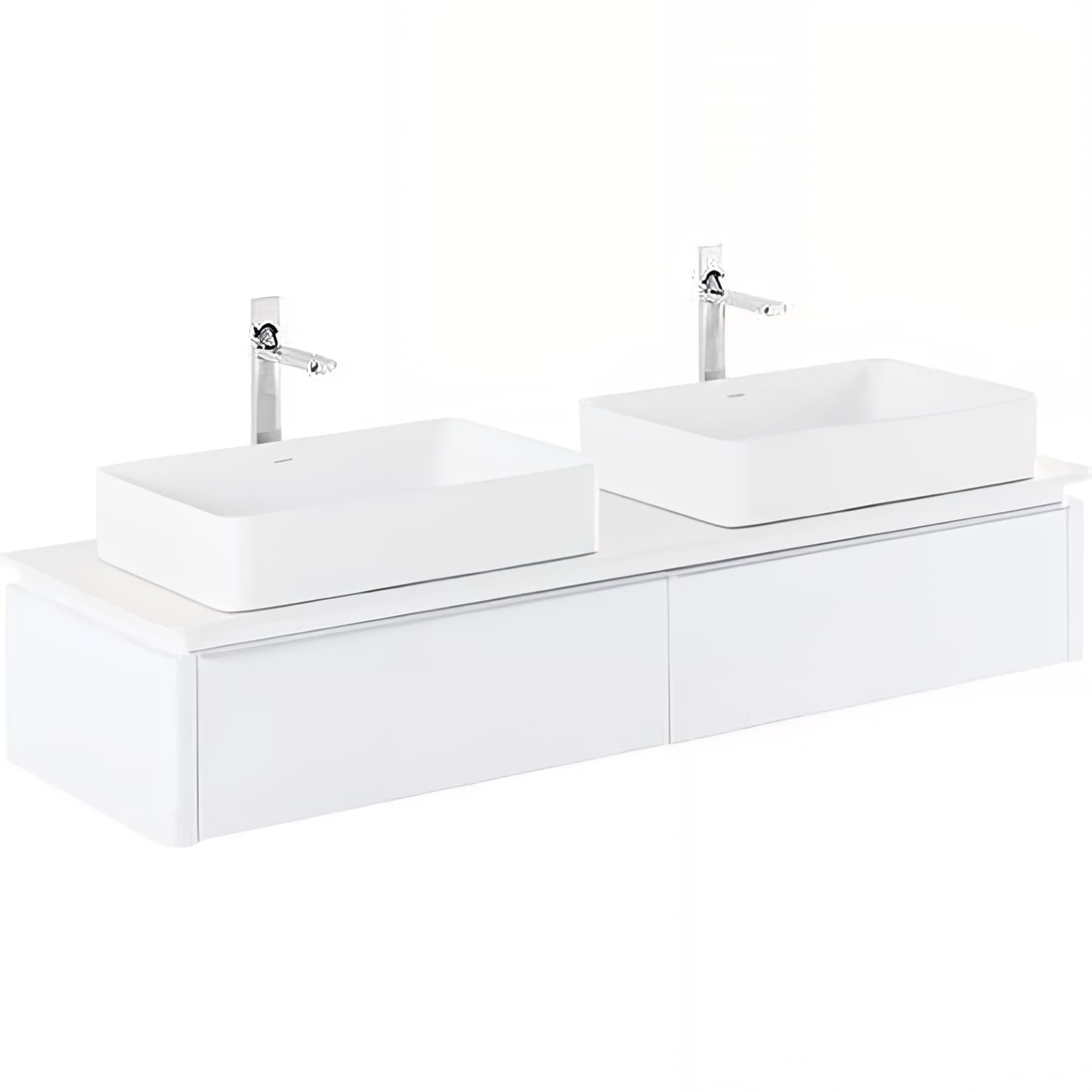 Meuble salle de bains suspendu 160 SANINDUSA plan perce pour Vasque et robinet sur plan Sanlife couleur blanc