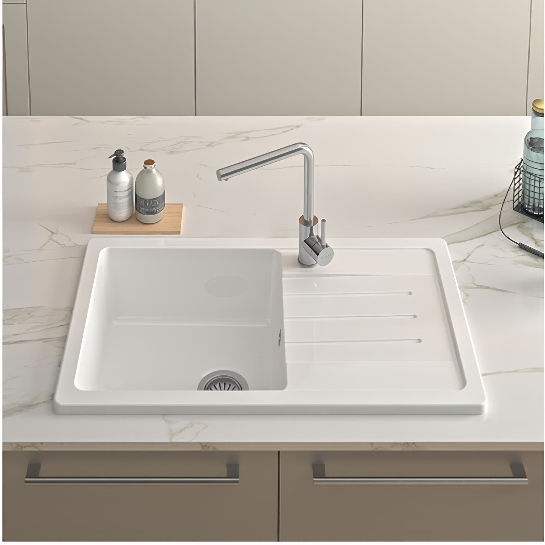 Evier Reno céramique traditionnelle SANINDUSA XS 1 cuve gauche avec vidage couleur blanc