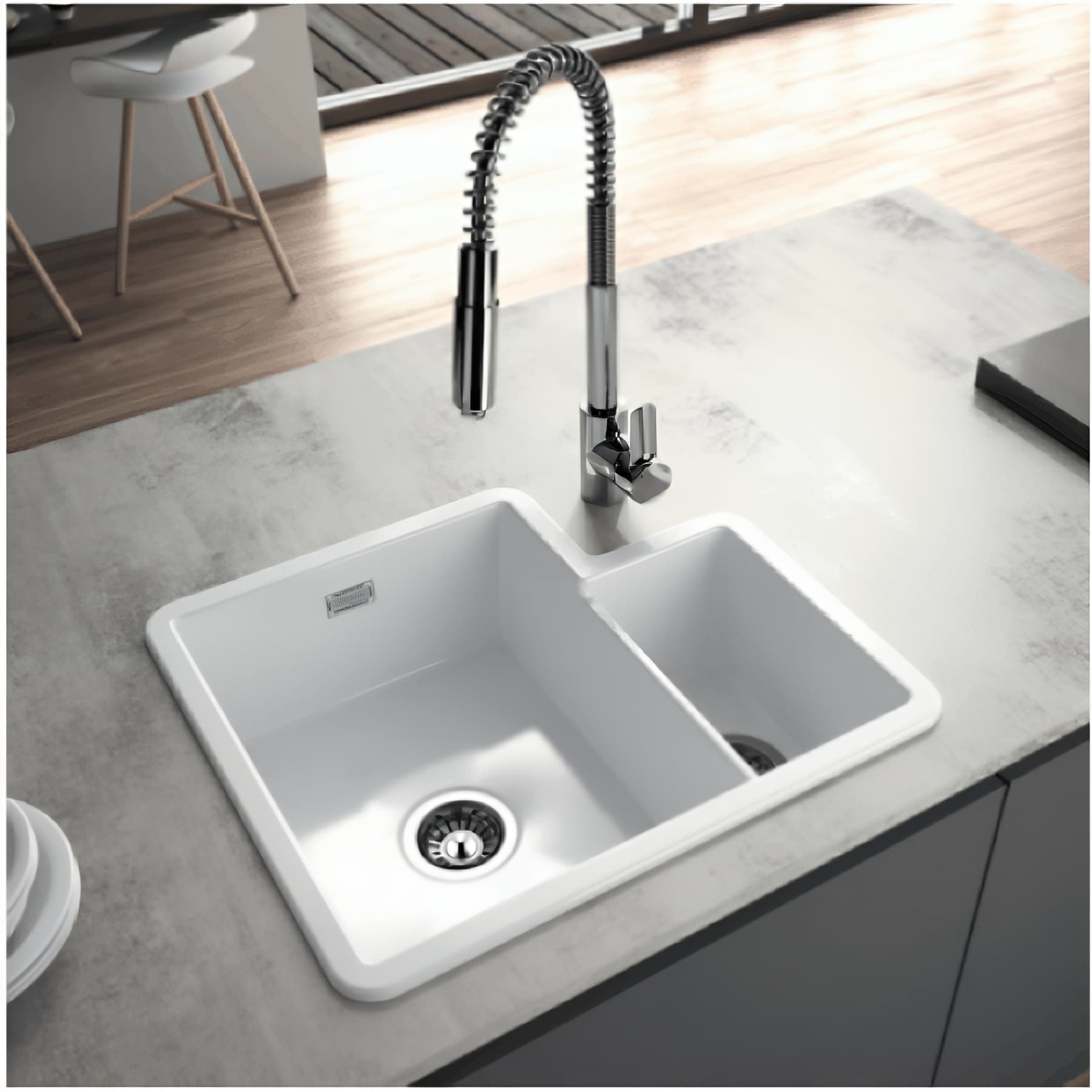 Evier 1+1/3 céramique traditionnelle SANINDUSA cuve a encastrer Valet couleur blanc