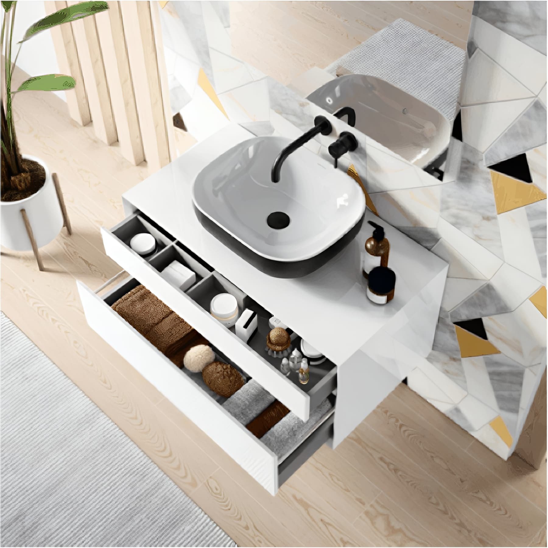 Meuble salle de bains 2 tiroirs avec trou central pour vidage View couleur blanc