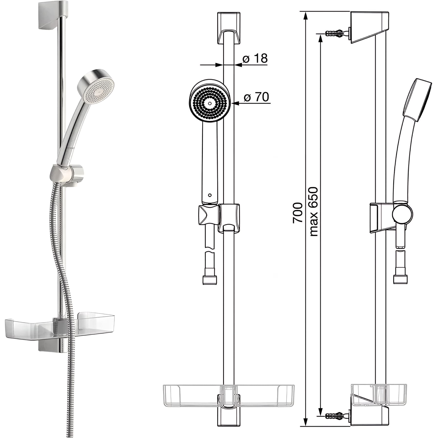Hansa Basicjet ensemble coulissant complet avec douchette 1 avec porte-savon 65cm chrome