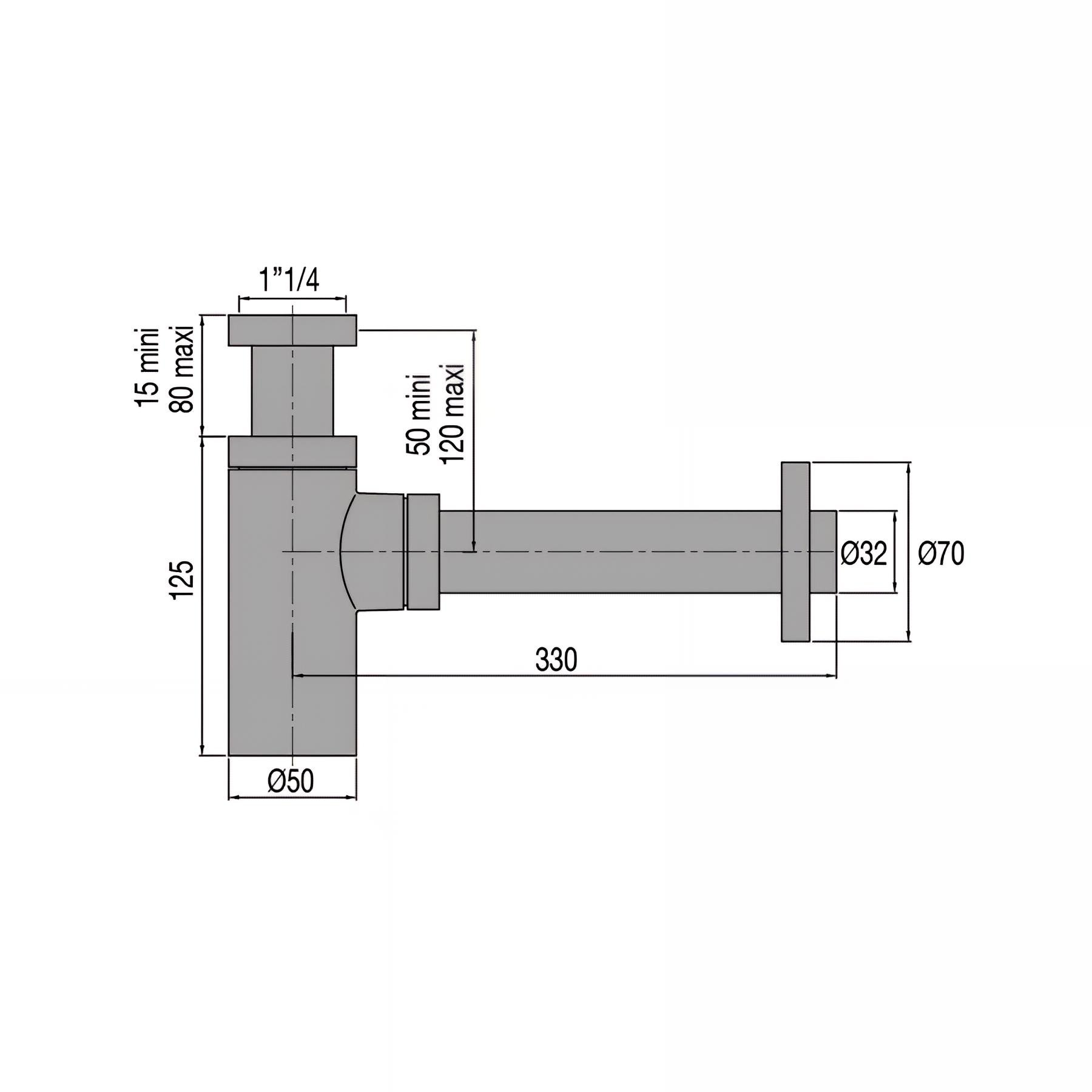 Siphon lavabo laiton blanc mat, réglable 50/120 mm, sortie murale 300 mm