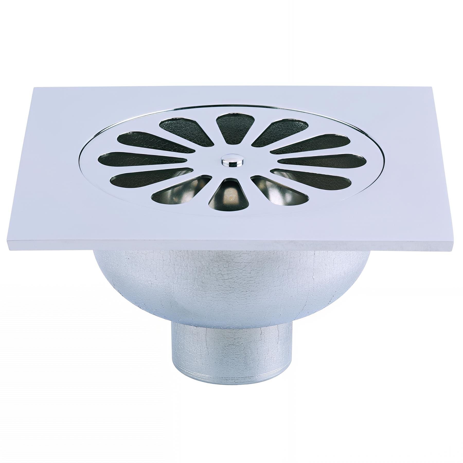 Siphon sol laiton 150x150mm,grille cloche laiton chromé,verticale à souder Ø44mm