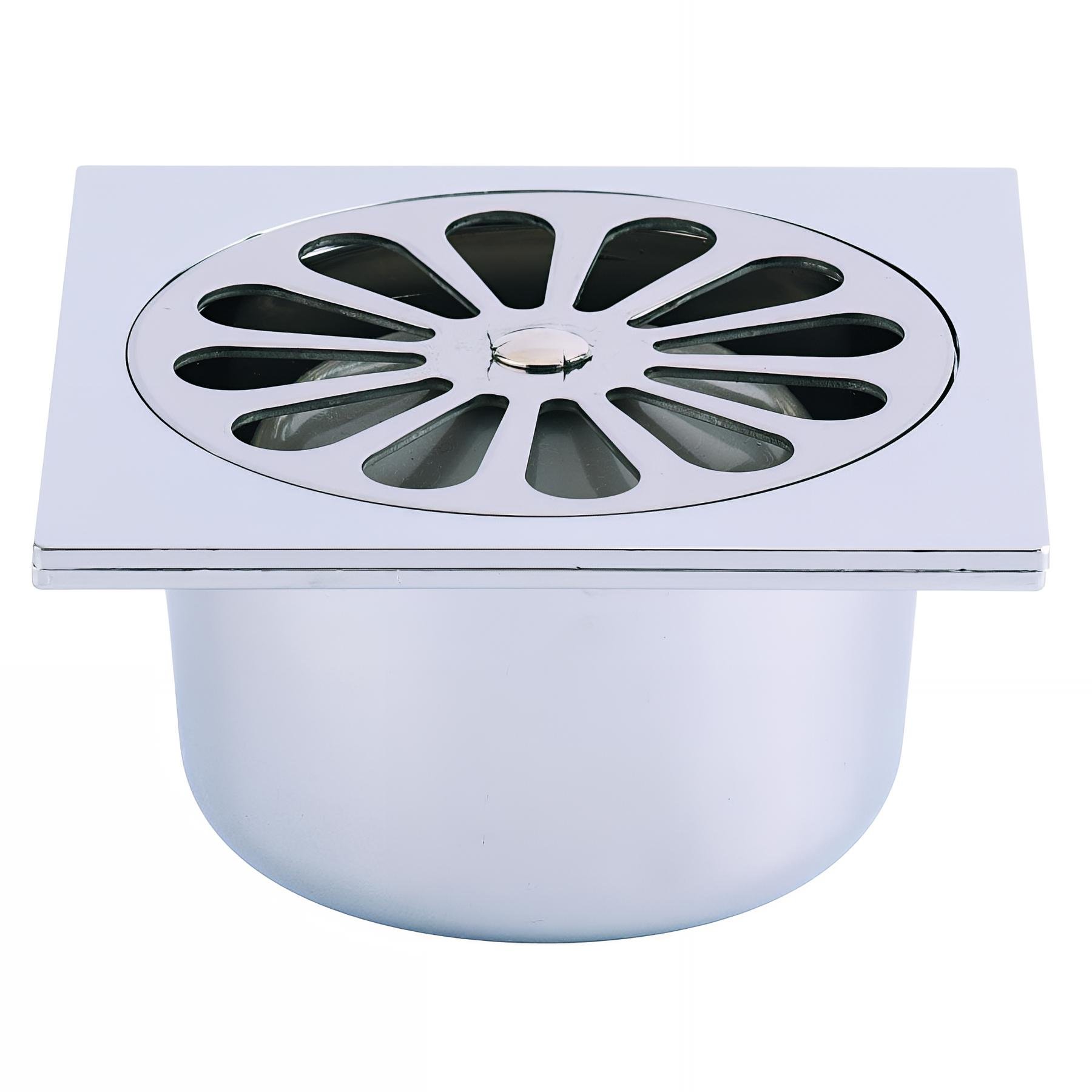 Siphon de sol ABS gris 100x100,grille cloche inox,sortie verticale Ø40 à coller