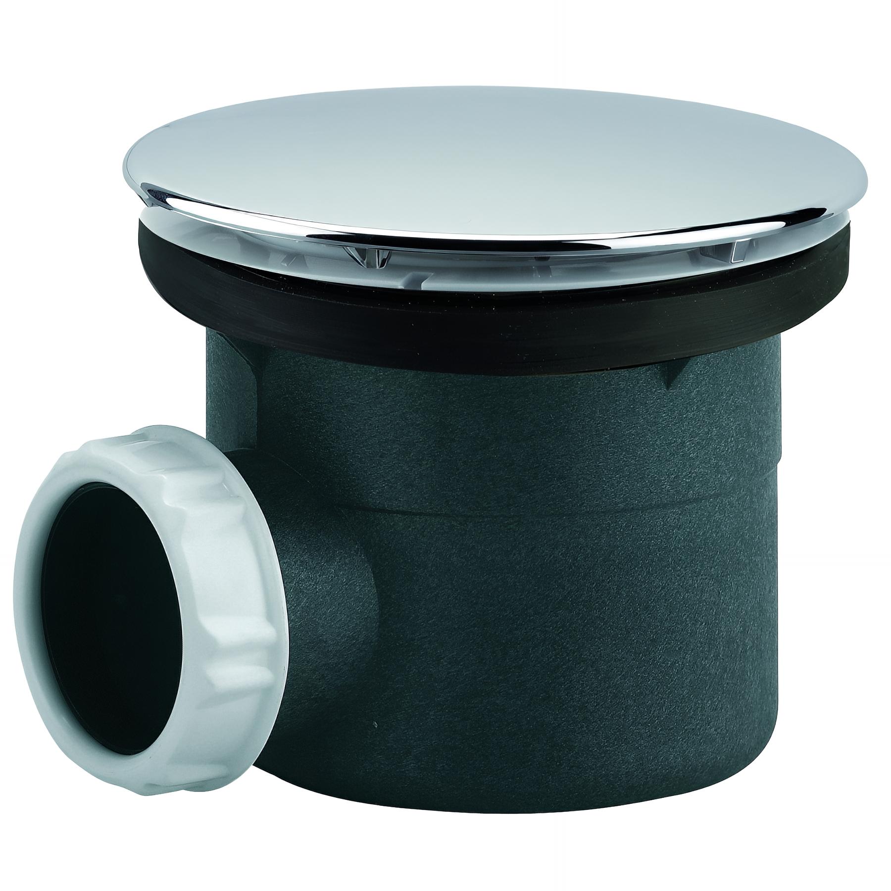 Bonde receveur Ø90mm, capot ABS sert inox Ø117mm, sortie horizontale Ø40mm